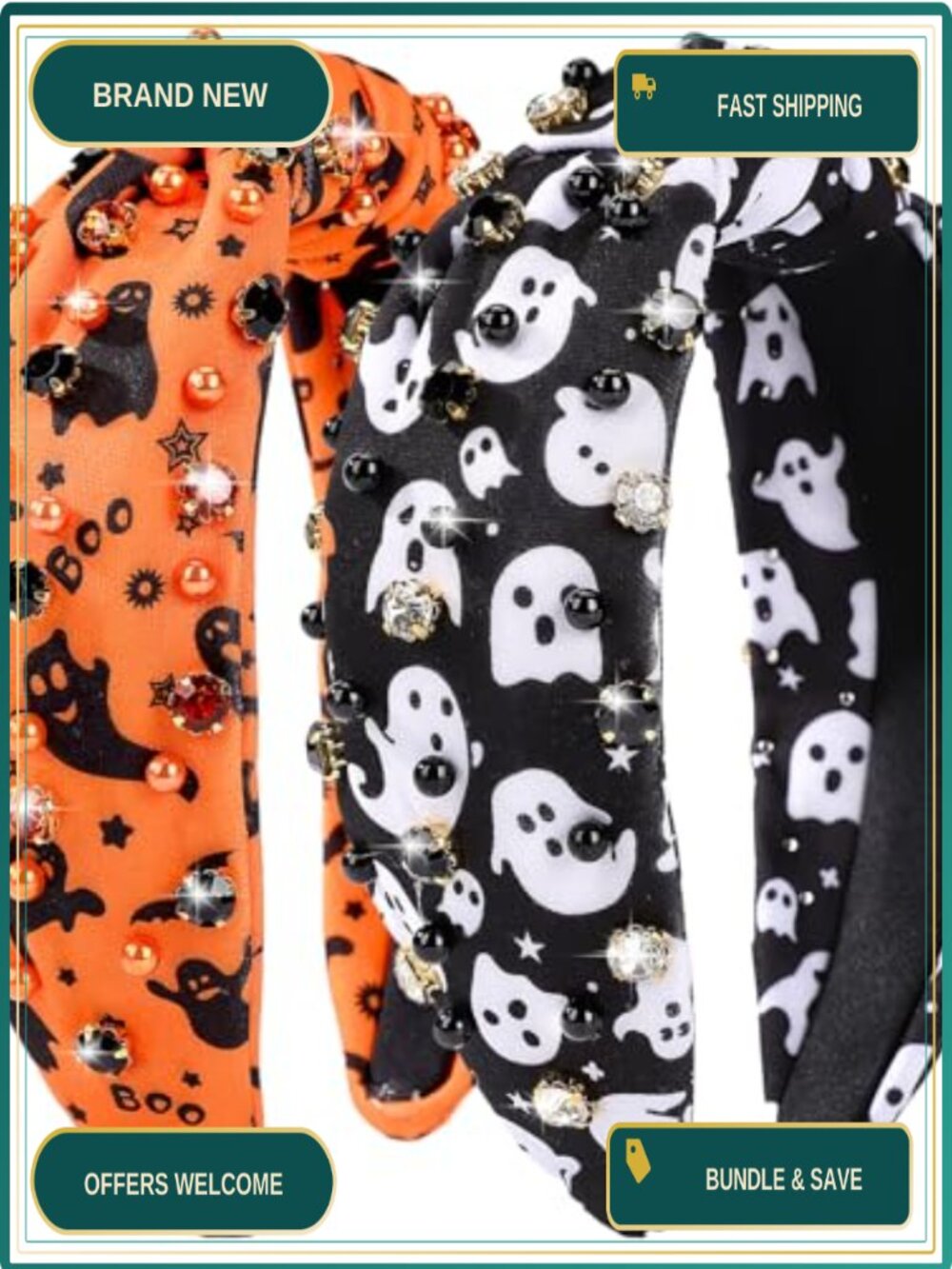 2Pcs Rhinestone Ghost Knotted Headband Pearl Hair Hoop Halloween